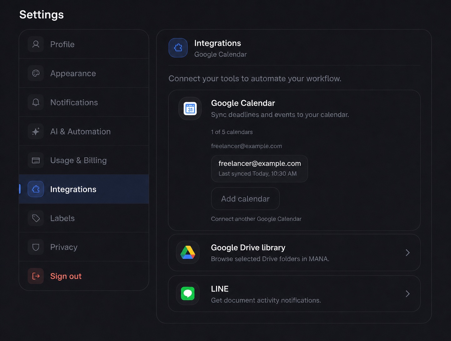 MANA Settings with Google Calendar and LINE listed under Integrations